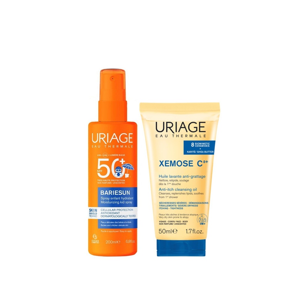 1008217 URIAGE SET BARIESUN MOISTURIZING KID SPRAY SPF50+ 200ML + XEMOSE C8 ANTIITCH CLEASING OIL 50ML - Image 1